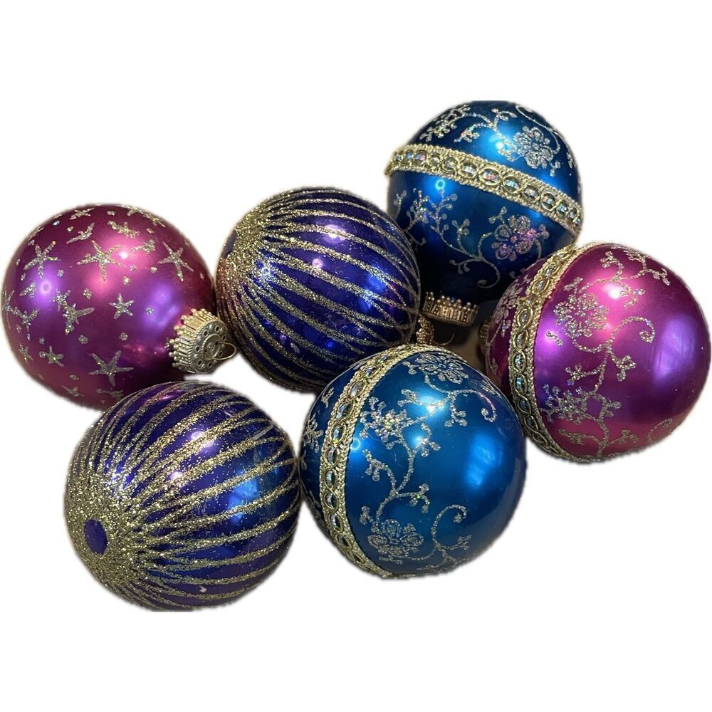 Krebs Lot of 6 Christmas Tree Hanging‎ Ball Ornaments Blue Pink Gold Glittery
